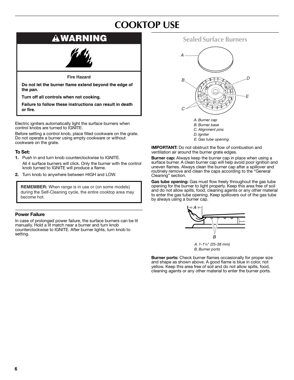 Cooktop use, Warning, Sealed surface burners | Maytag W10269530A User Manual | Page 6 / 16