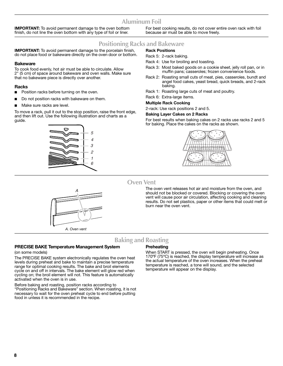 Aluminum foil, Positioning racks and bakeware, Oven vent | Baking and roasting | Maytag W10269530A User Manual | Page 8 / 16