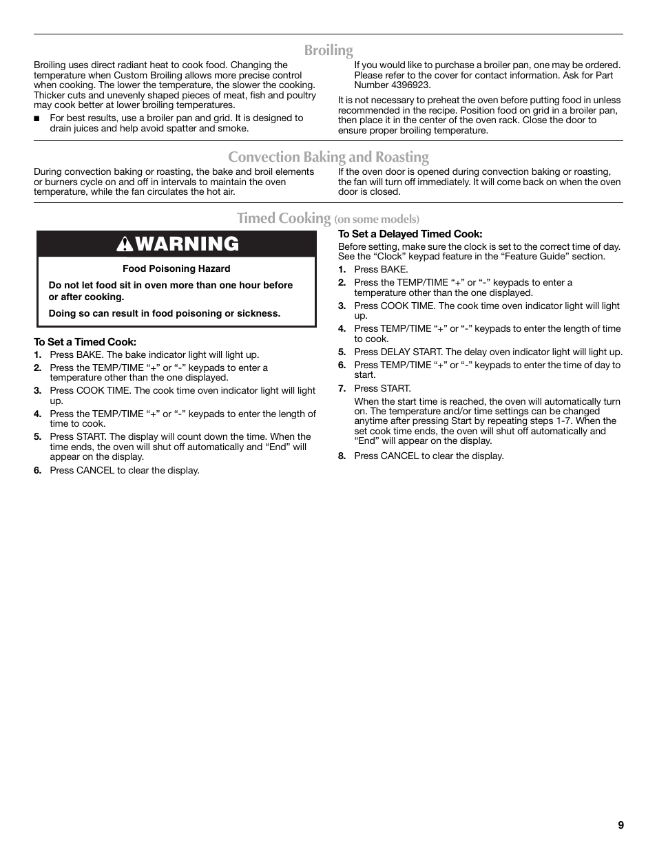 Warning, Broiling, Convection baking and roasting | Timed cooking | Maytag W10269530A User Manual | Page 9 / 16