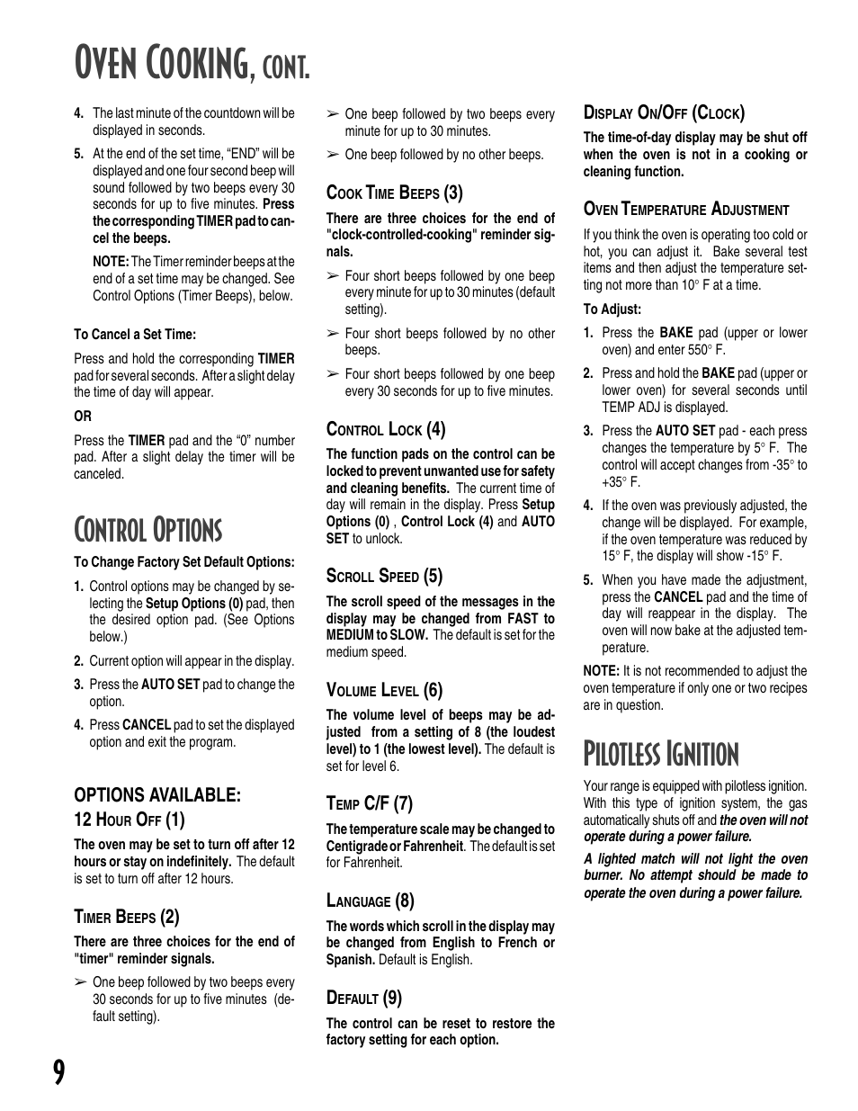 Oven cooking, Cont, Pilotless ignition | Control options | Maytag GEMINI User Manual | Page 10 / 56