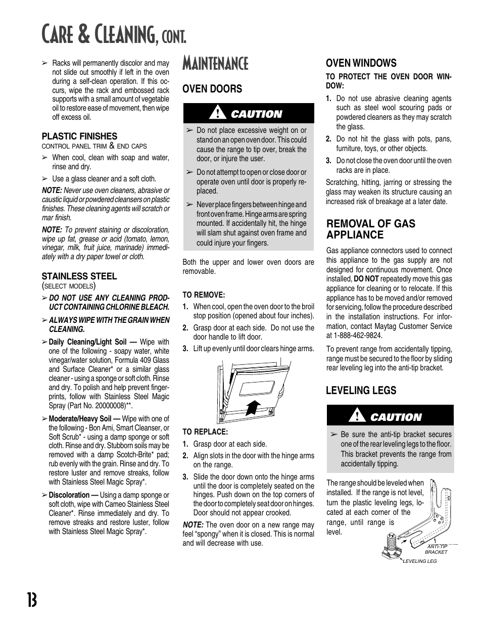 Care & cleaning, Maintenance, Cont | Oven doors, Oven windows, Removal of gas appliance, Leveling legs | Maytag GEMINI User Manual | Page 14 / 56