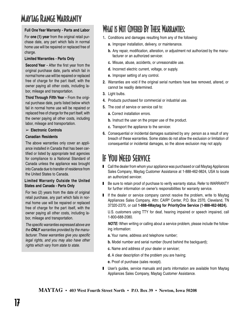 If you need service maytag range warranty, What is not covered by these warranties | Maytag GEMINI User Manual | Page 18 / 56