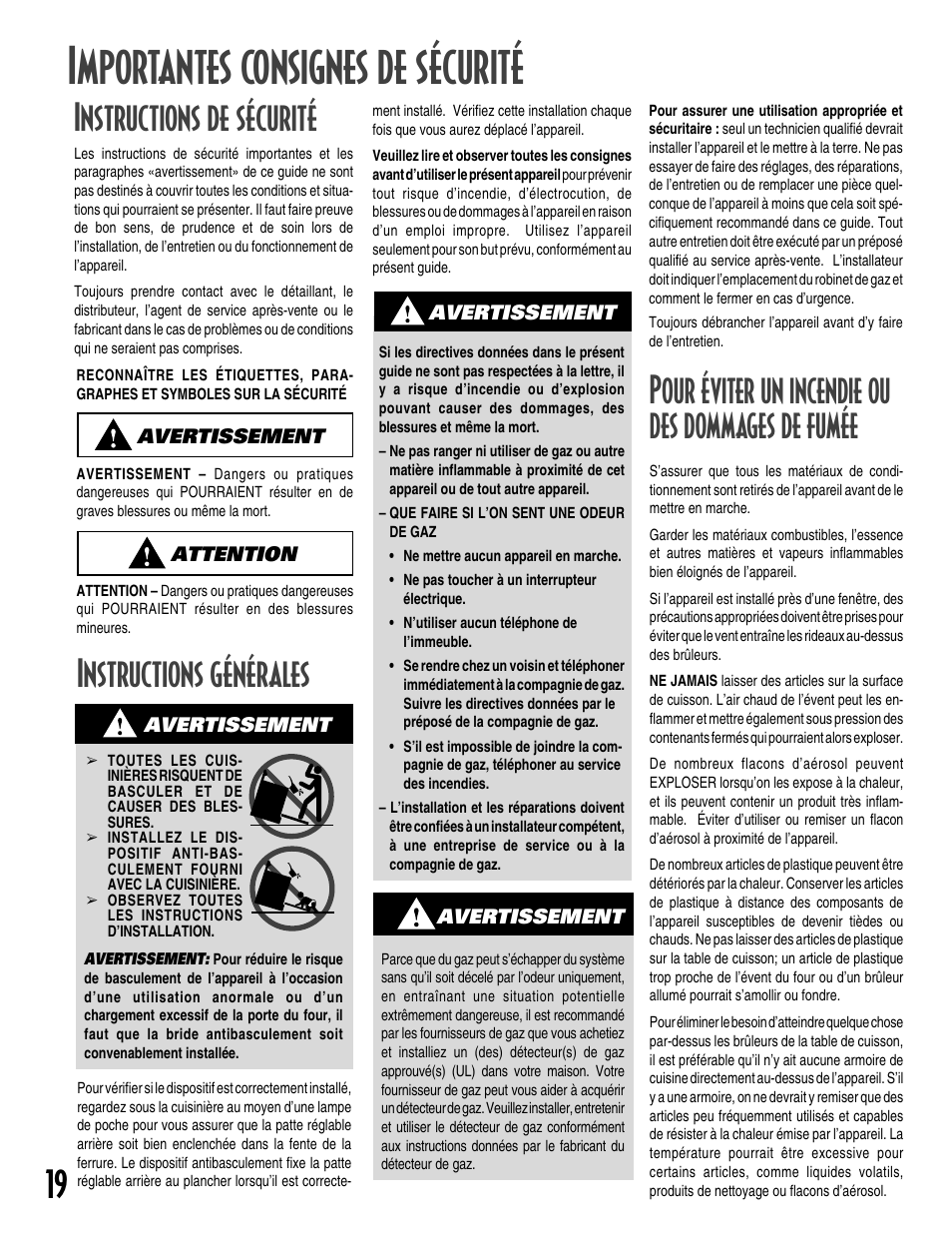Importantes consignes de sécurité, Instructions générales, Instructions de sécurité | Pour éviter un incendie ou des dommages de fumée | Maytag GEMINI User Manual | Page 20 / 56