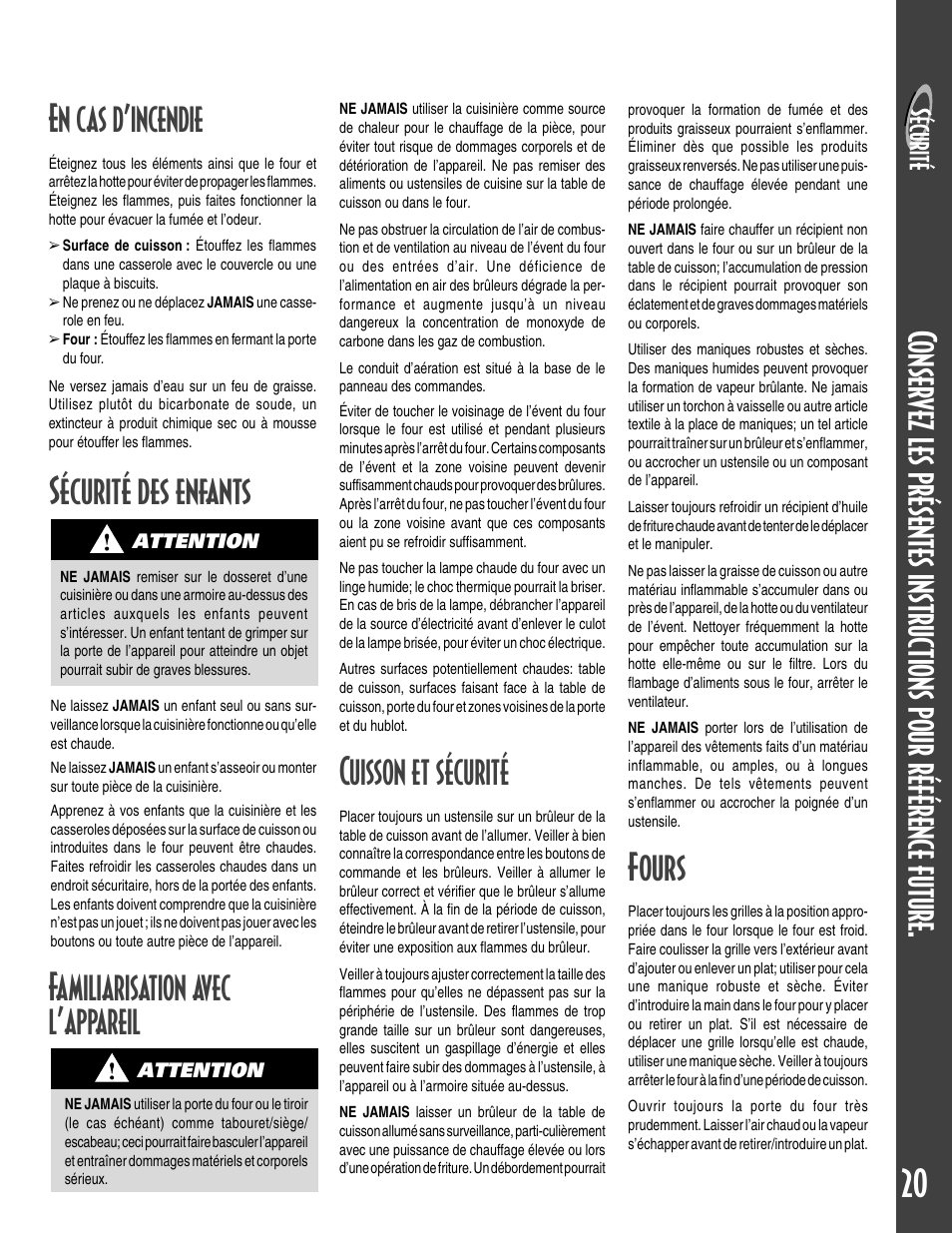 20 en cas d’incendie, Fours, Cuisson et sécurité | Maytag GEMINI User Manual | Page 21 / 56