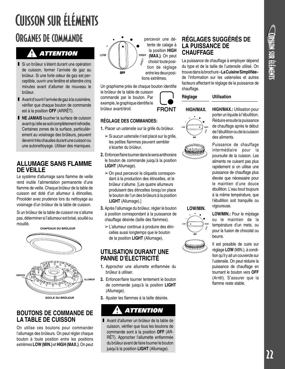 Cuisson sur éléments, 22 organes de commande, Réglages suggérés de la puissance de chauffage | Allumage sans flamme de veille, Utilisation durant une panne d’électricité, Boutons de commande de la table de cuisson | Maytag GEMINI User Manual | Page 23 / 56