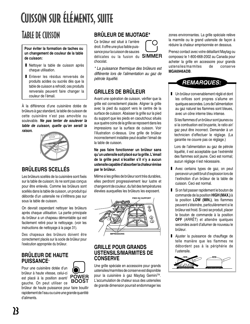 Cuisson sur éléments, Suite, Table de cuisson | Remarques | Maytag GEMINI User Manual | Page 24 / 56