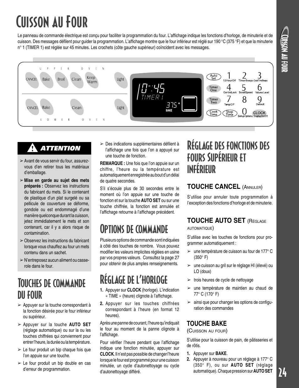 Cuisson au four, 24 touches de commande du four, Options de commande | Réglage de l’horloge, Touche cancel, Touche auto set, Touche bake | Maytag GEMINI User Manual | Page 25 / 56