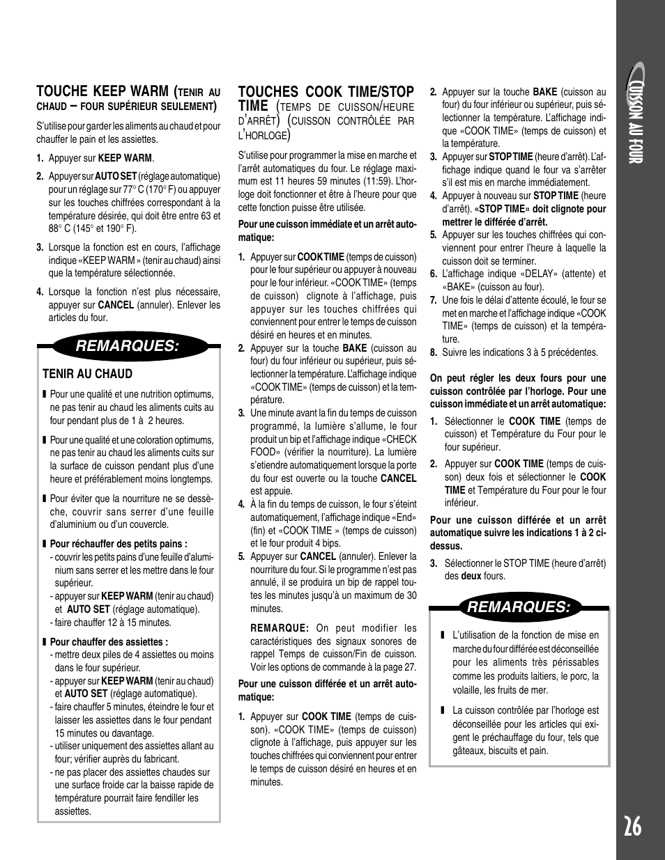 Remarques, Touche keep warm, Touches cook time/stop time | Maytag GEMINI User Manual | Page 27 / 56