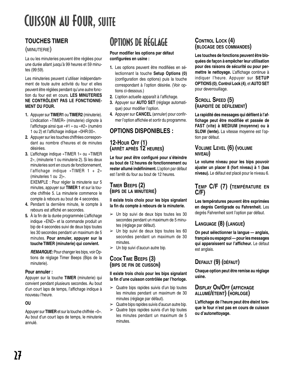 Cuisson au four, Suite, Options de réglage | Maytag GEMINI User Manual | Page 28 / 56