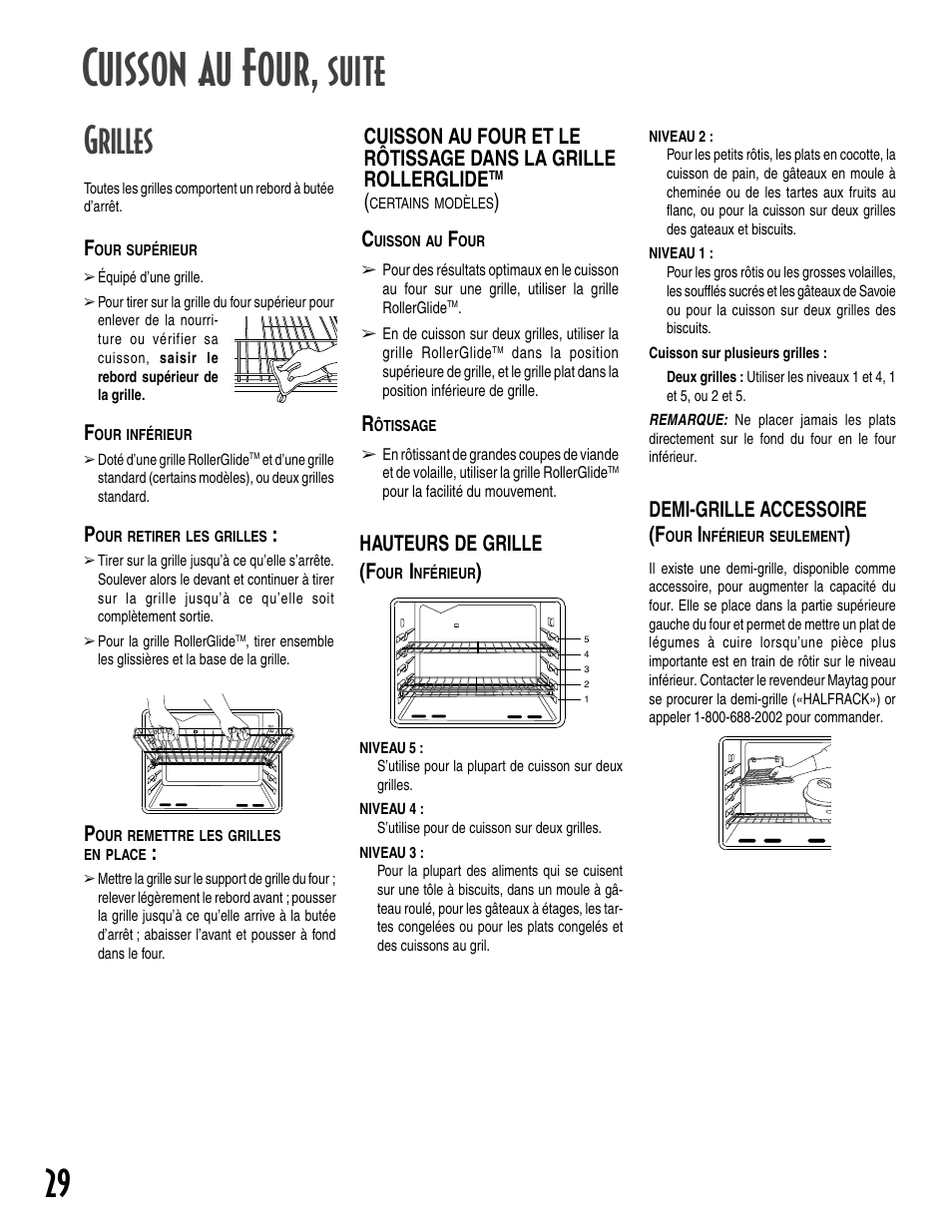 Cuisson au four, Suite, Grilles | Hauteurs de grille (f, Demi-grille accessoire (f | Maytag GEMINI User Manual | Page 30 / 56