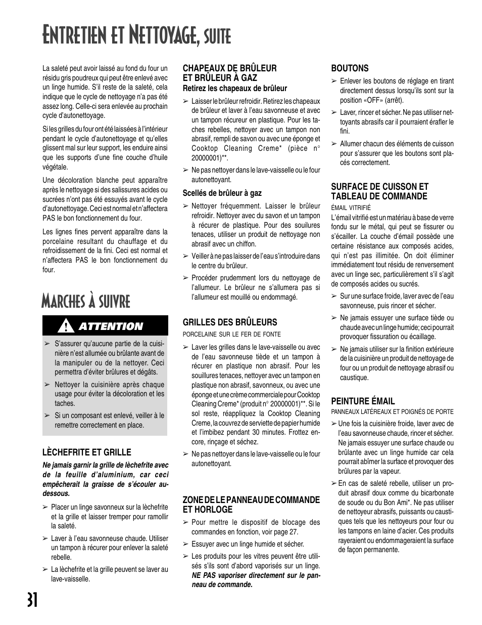 Entretien et nettoyage, Suite, Marches à suivre | Attention | Maytag GEMINI User Manual | Page 32 / 56