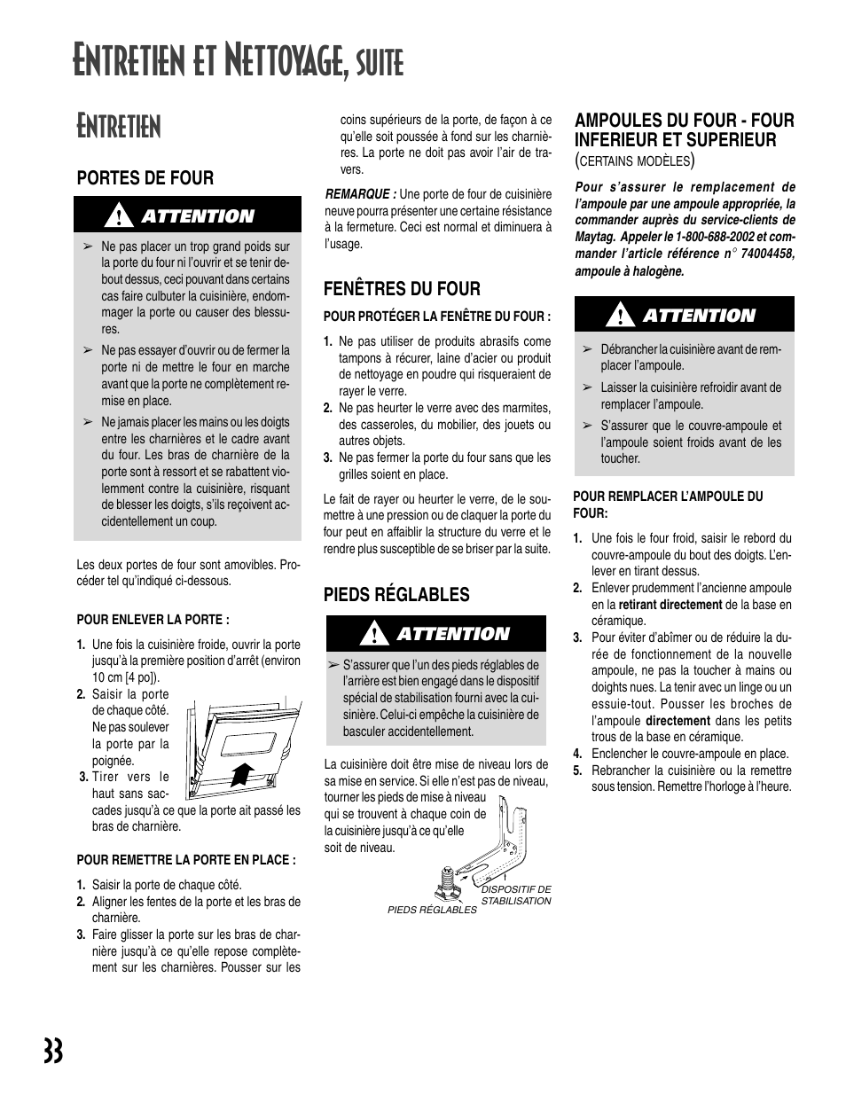 Entretien et nettoyage, Suite, Entretien | Fenêtres du four, Portes de four, Pieds réglables, Ampoules du four - four inferieur et superieur | Maytag GEMINI User Manual | Page 34 / 56
