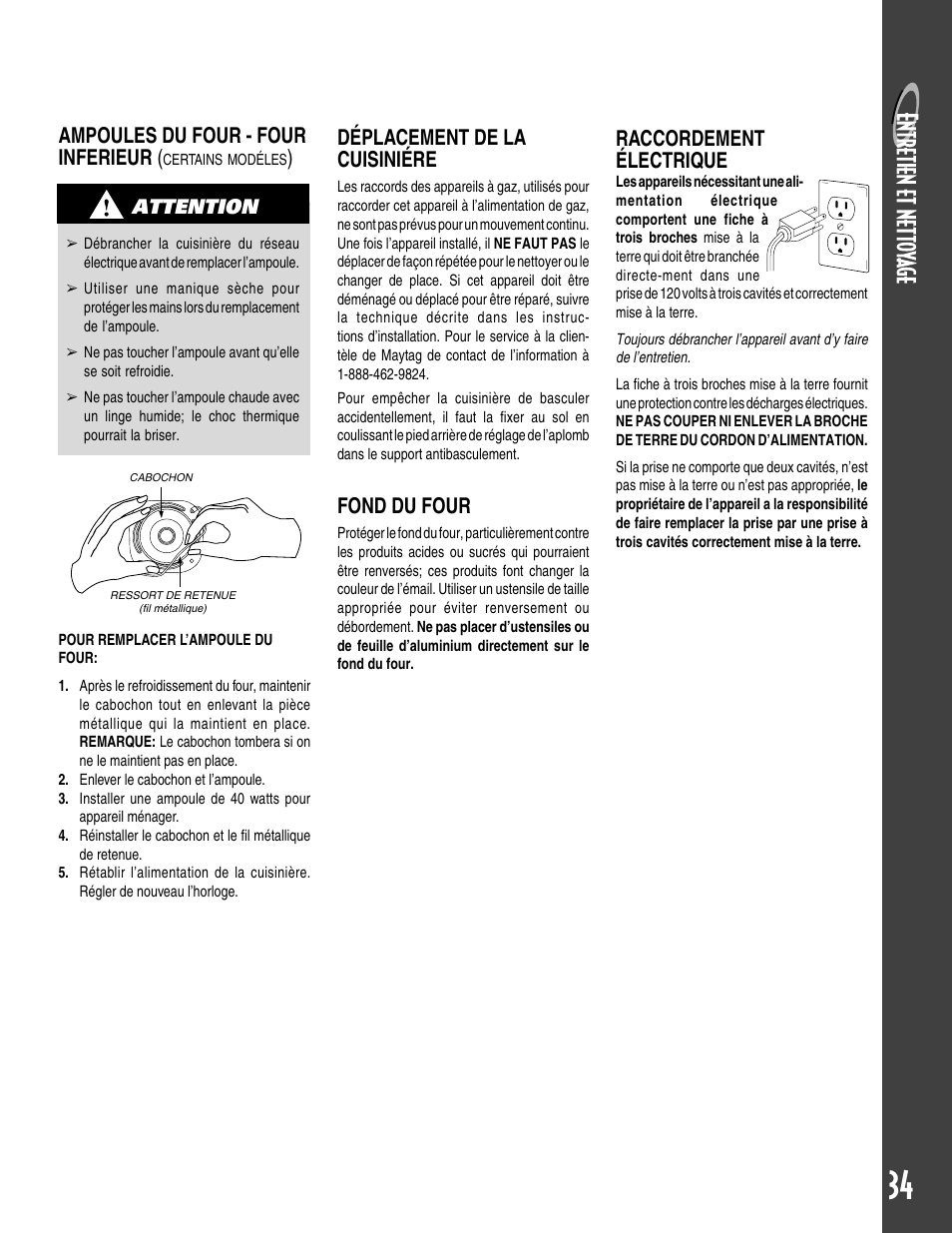 Déplacement de la cuisiniére, Fond du four, Ampoules du four - four inferieur | Raccordement électrique, Attention | Maytag GEMINI User Manual | Page 35 / 56