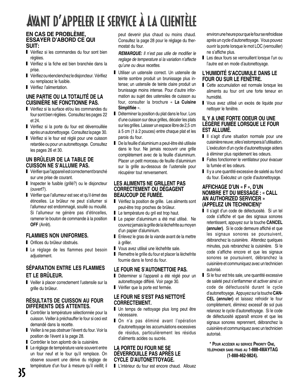 Avant d’appeler le service à la clientèle | Maytag GEMINI User Manual | Page 36 / 56