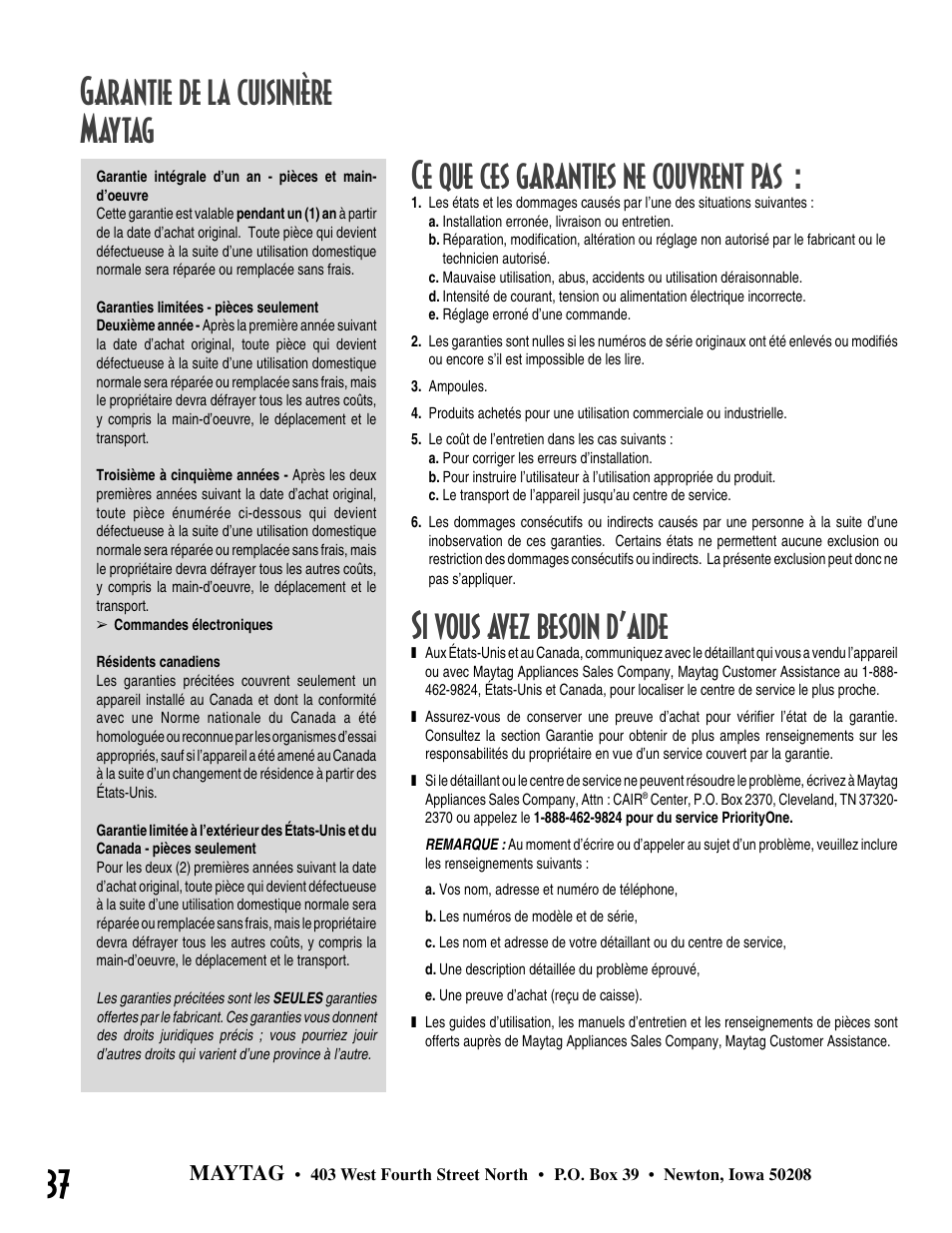 Si vous avez besoin d’aide, Maytag | Maytag GEMINI User Manual | Page 38 / 56