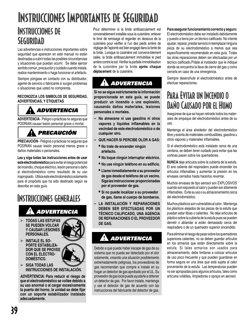 Instrucciones importantes de seguridad, 39 instrucciones de seguridad, Instrucciones generales | Para evitar un incendio o daño causado por el humo | Maytag GEMINI User Manual | Page 40 / 56