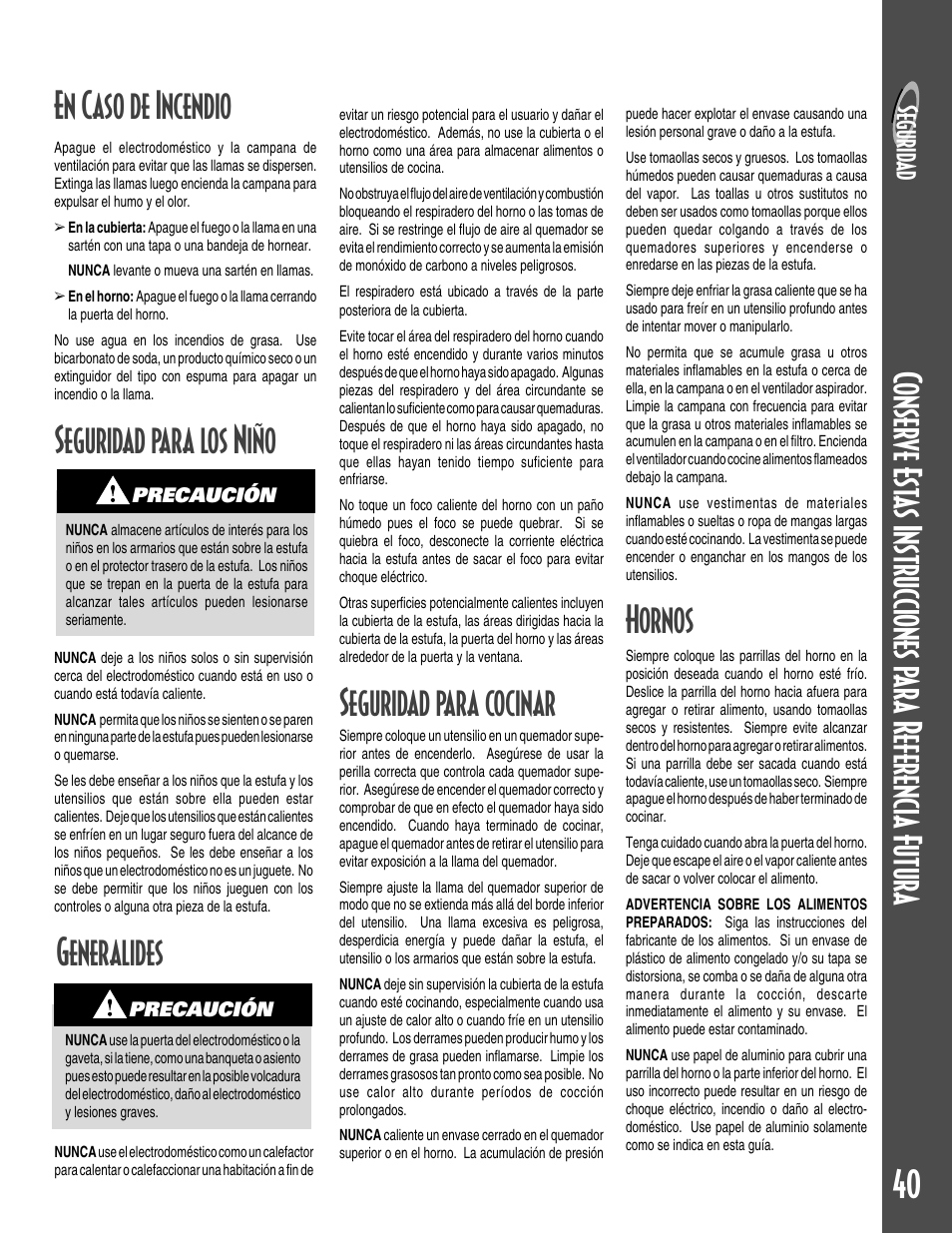 Seguridad para cocinar, Generalides, Hornos | En caso de incendio, Segur id a d | Maytag GEMINI User Manual | Page 41 / 56