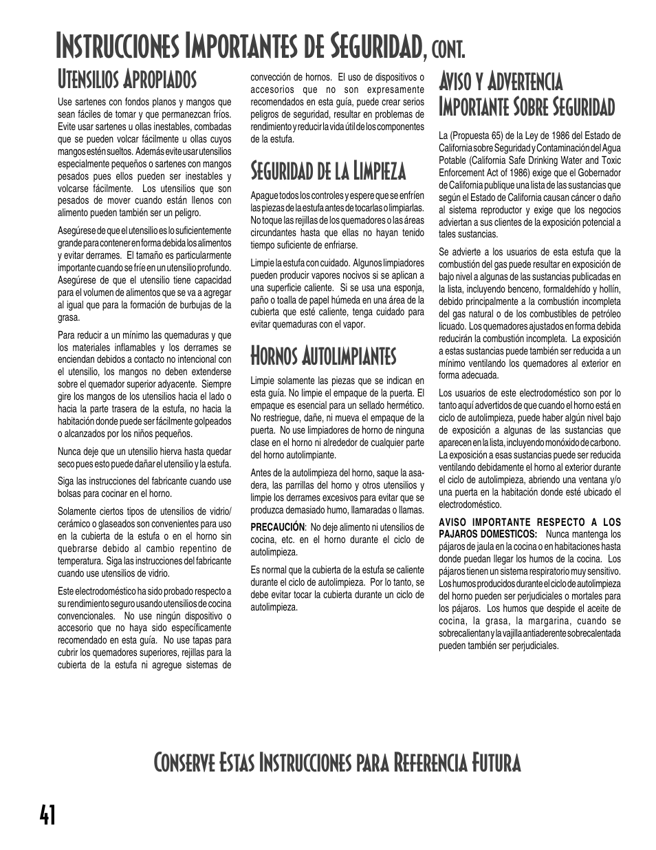 Instrucciones importantes de seguridad, 41 utensilios apropiados, Seguridad de la limpieza | Hornos autolimpiantes, Cont | Maytag GEMINI User Manual | Page 42 / 56