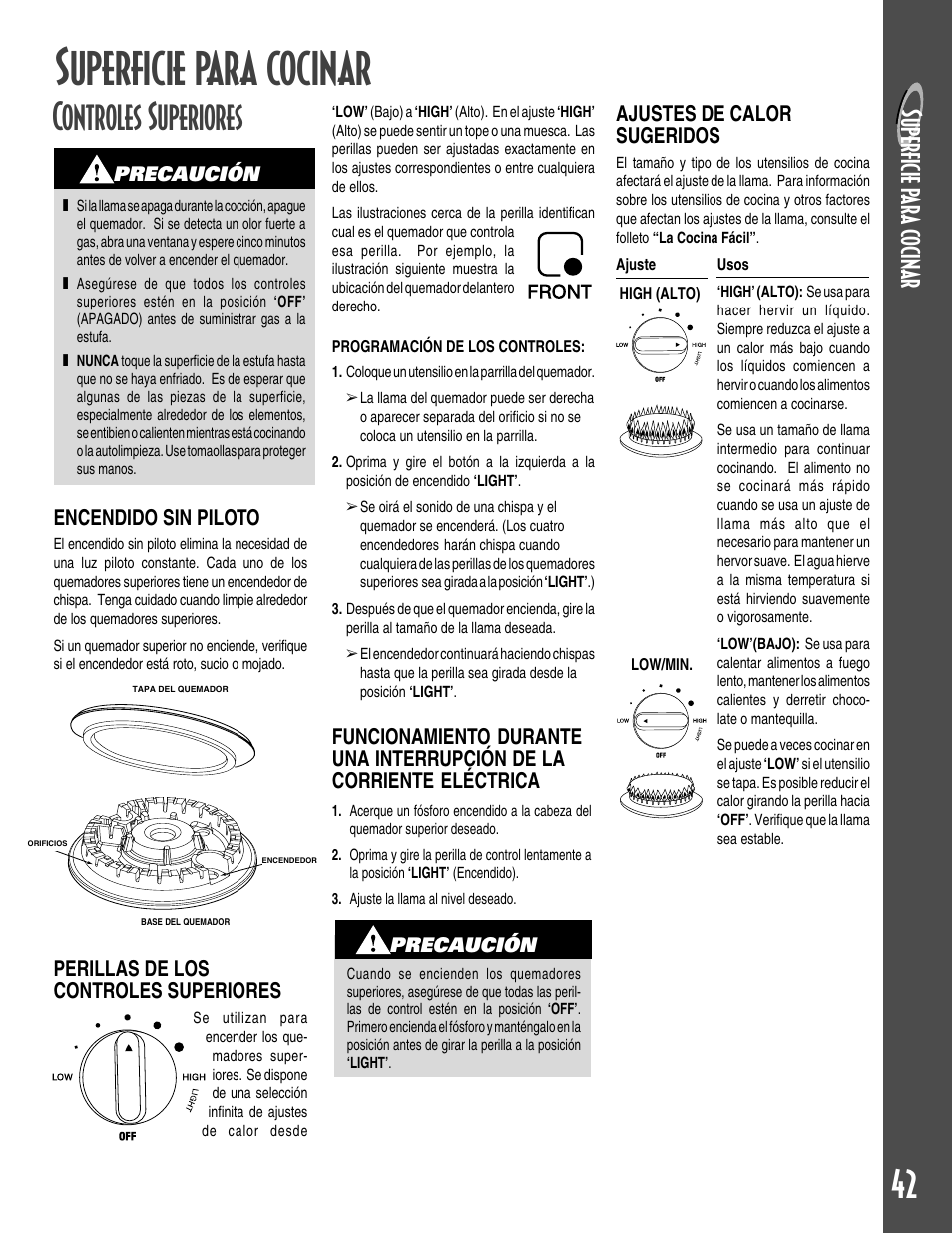 Superficie para cocinar, Controles superiores, Su pe rficie p ara c oci nar | Maytag GEMINI User Manual | Page 43 / 56