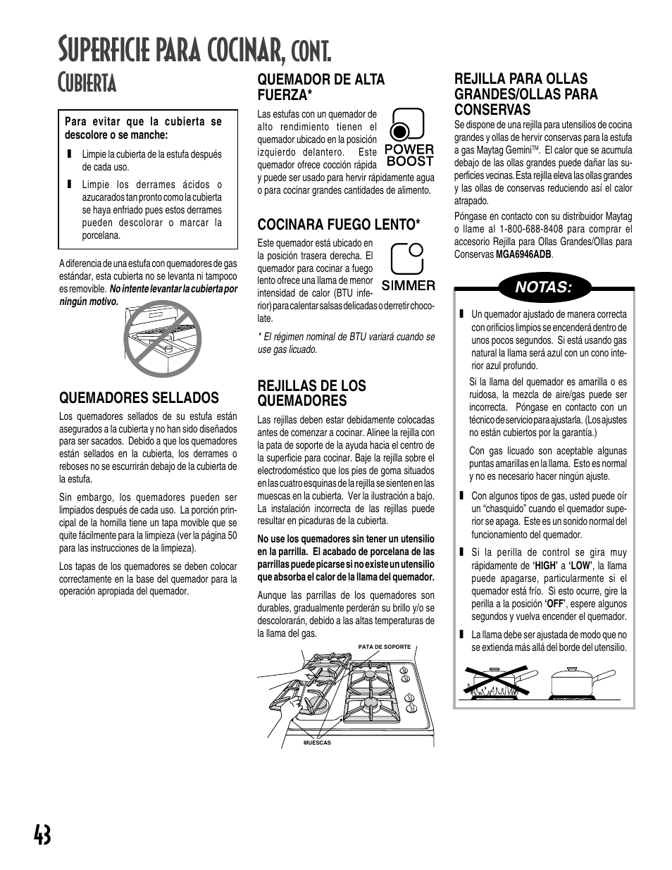 Superficie para cocinar, Cont, Cubierta | Notas | Maytag GEMINI User Manual | Page 44 / 56