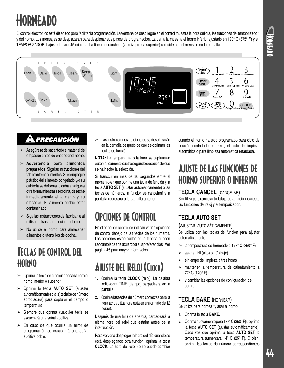 Horneado, Teclas de control del horno, Opciones de control | Ajuste del reloj (c, Horne ad o, Lock | Maytag GEMINI User Manual | Page 45 / 56