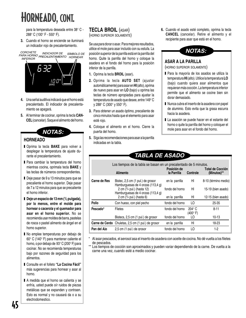 Horneado, Cont, Notas | Tabla de asado, Tecla broil | Maytag GEMINI User Manual | Page 46 / 56