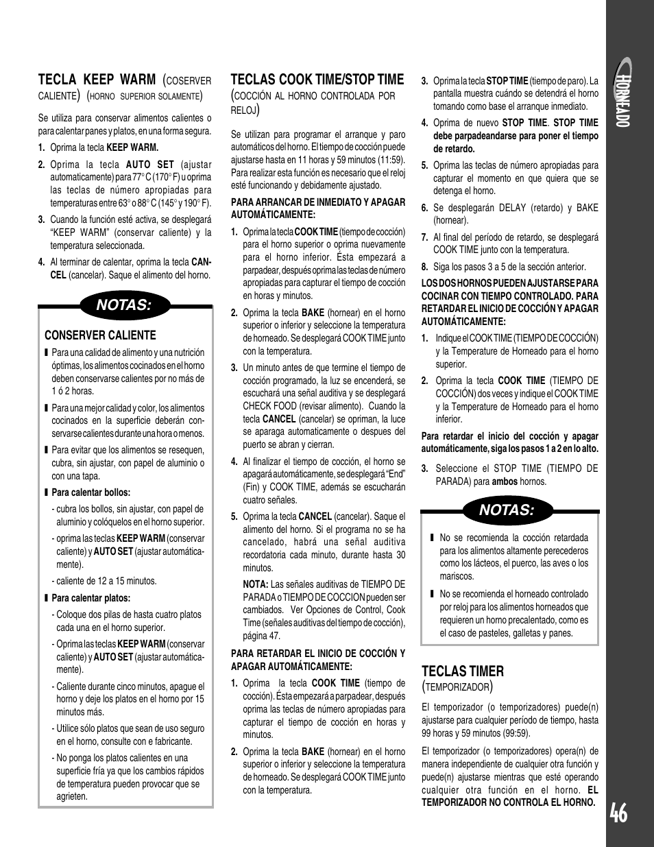 Horne ad o, Notas, Teclas cook time/stop time | Tecla keep warm, Teclas timer | Maytag GEMINI User Manual | Page 47 / 56