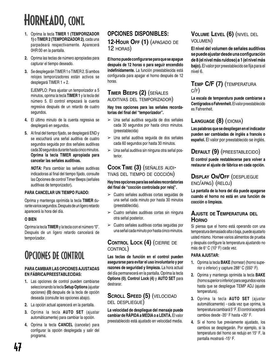 Horneado, Cont, Opciones de control | Opciones disponibles: 12-h, C/f (7) | Maytag GEMINI User Manual | Page 48 / 56