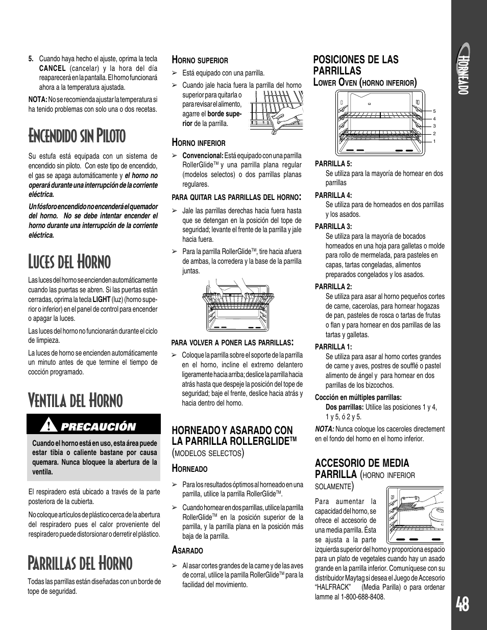 48 luces del horno, Ventila del horno, Parrillas del horno | Encendido sin piloto, Horne ad o, Posiciones de las parrillas l, Accesorio de media parrilla, Horneado y asarado con la parrilla rollerglide | Maytag GEMINI User Manual | Page 49 / 56