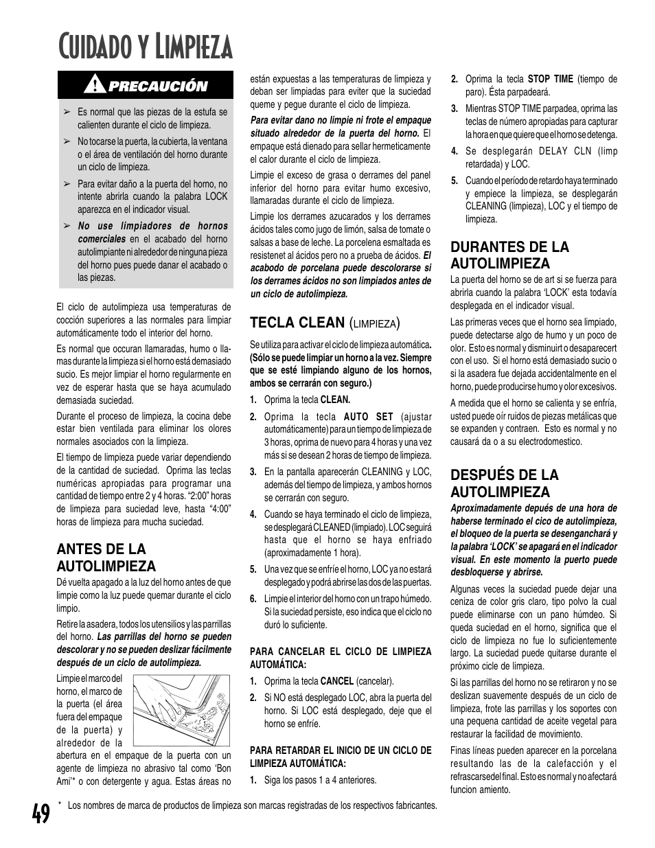 Cuidado y limpieza, Tecla clean, Antes de la autolimpieza | Durantes de la autolimpieza, Después de la autolimpieza, Precaución | Maytag GEMINI User Manual | Page 50 / 56