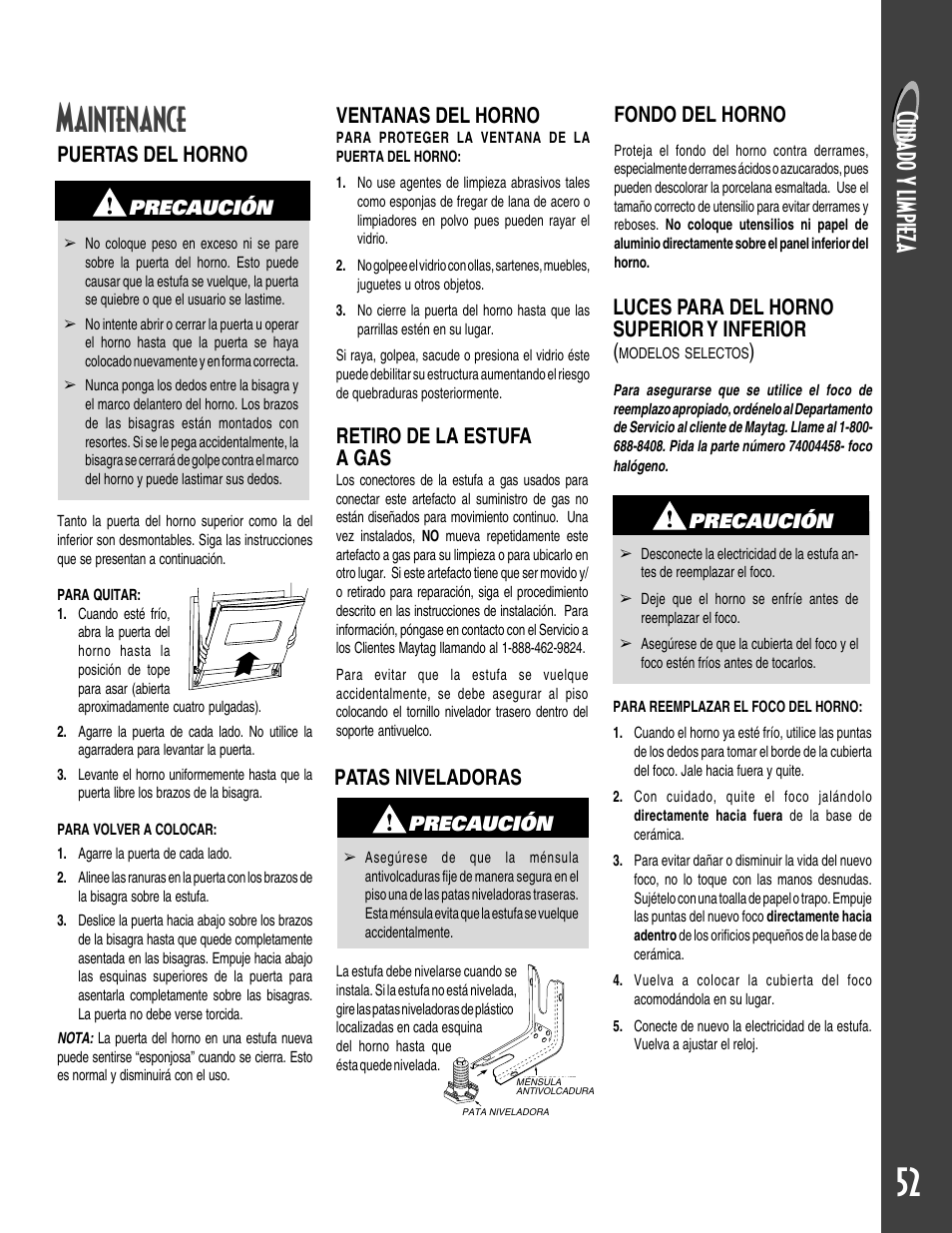 Maintenance, Cuid a do y l im pieza, Ventanas del horno | Puertas del horno, Retiro de la estufa a gas, Patas niveladoras, Fondo del horno, Luces para del horno superior y inferior | Maytag GEMINI User Manual | Page 53 / 56