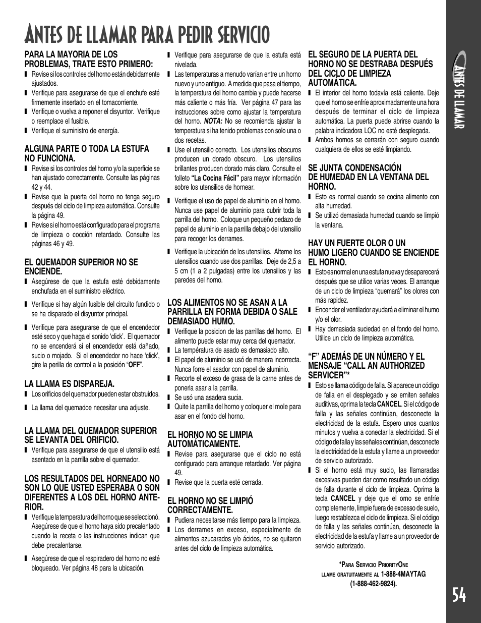 Antes de llamar para pedir servicio, Ant es de l lama r | Maytag GEMINI User Manual | Page 55 / 56