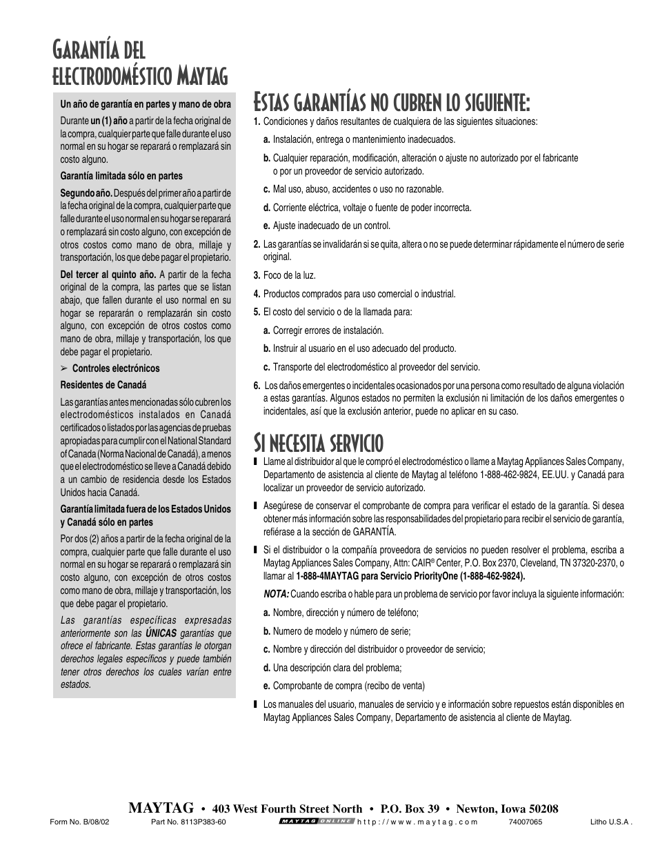 Si necesita servicio, Maytag | Maytag GEMINI User Manual | Page 56 / 56
