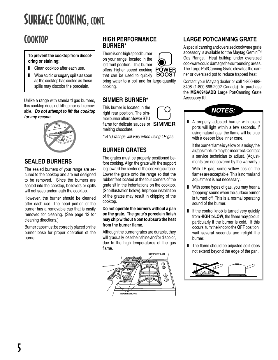 Surface cooking, Cont. cooktop | Maytag GEMINI User Manual | Page 6 / 56