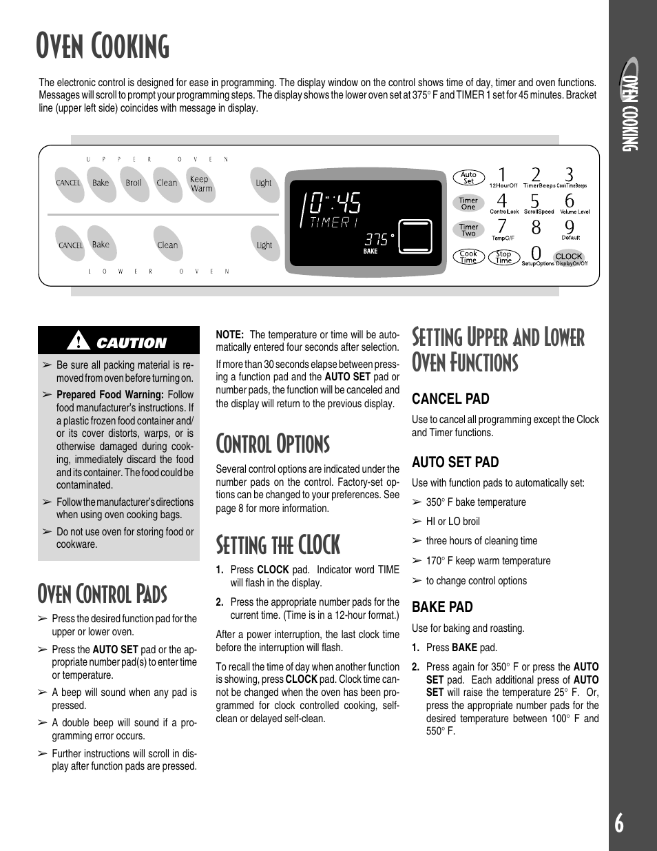 Oven cooking, Oven control pads, Control options | Setting the clock, Setting upper and lower oven functions | Maytag GEMINI User Manual | Page 7 / 56