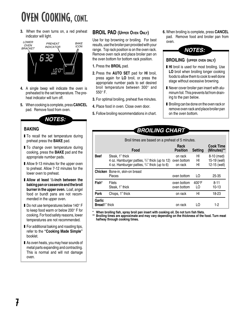 Oven cooking, Cont, Broiling chart | Broil pad | Maytag GEMINI User Manual | Page 8 / 56