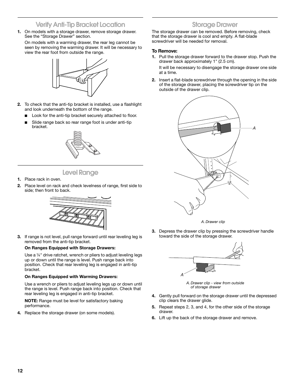 Verify anti-tip bracket location, Level range, Storage drawer | Maytag W10252706B User Manual | Page 12 / 16