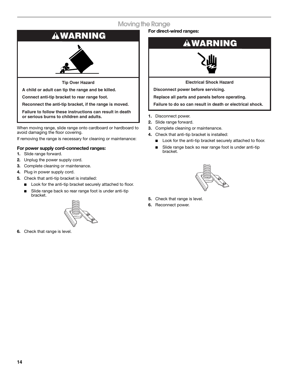 Warning, Moving the range | Maytag W10252706B User Manual | Page 14 / 16