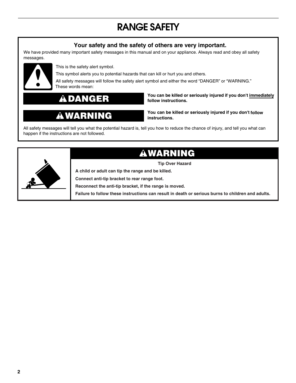 Range safety, Danger warning warning | Maytag W10252706B User Manual | Page 2 / 16