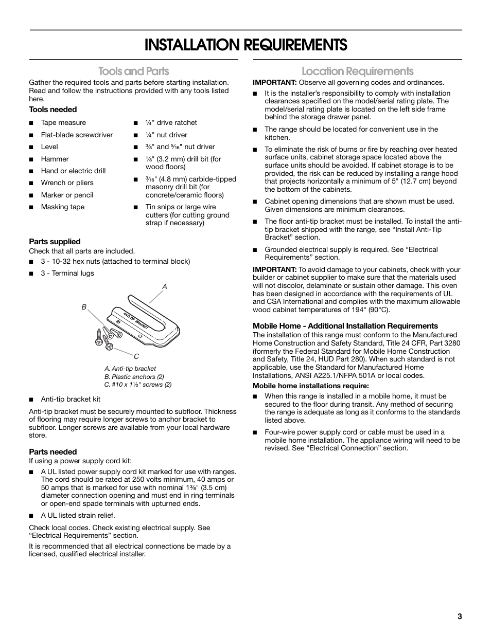 Installation requirements, Tools and parts, Location requirements | Maytag W10252706B User Manual | Page 3 / 16