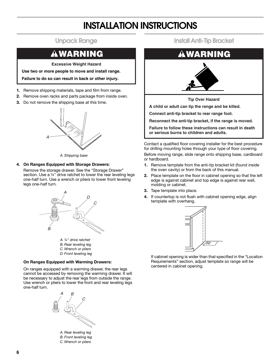 Installation instructions, Warning, Unpack range | Install anti-tip bracket | Maytag W10252706B User Manual | Page 6 / 16