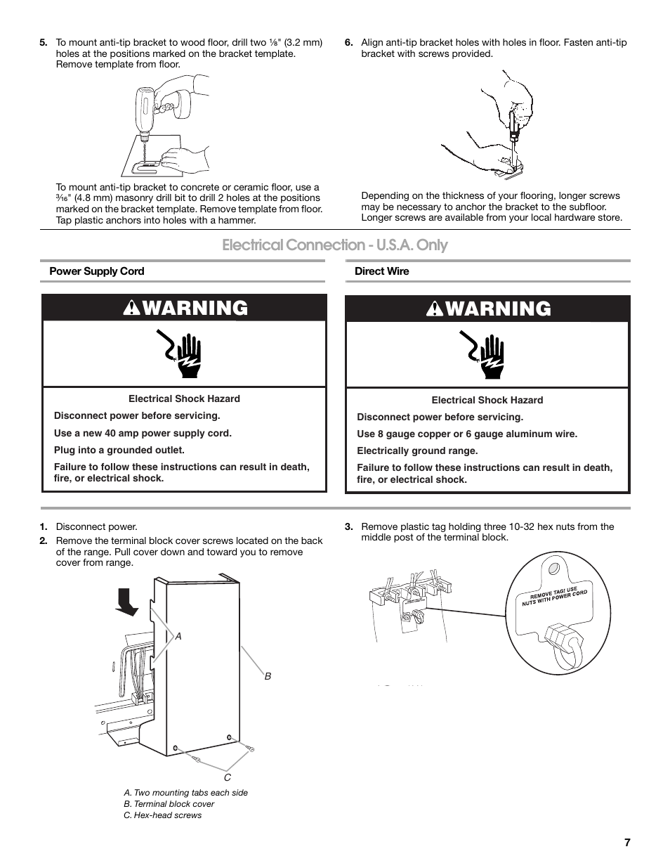 Warning, Electrical connection - u.s.a. only | Maytag W10252706B User Manual | Page 7 / 16