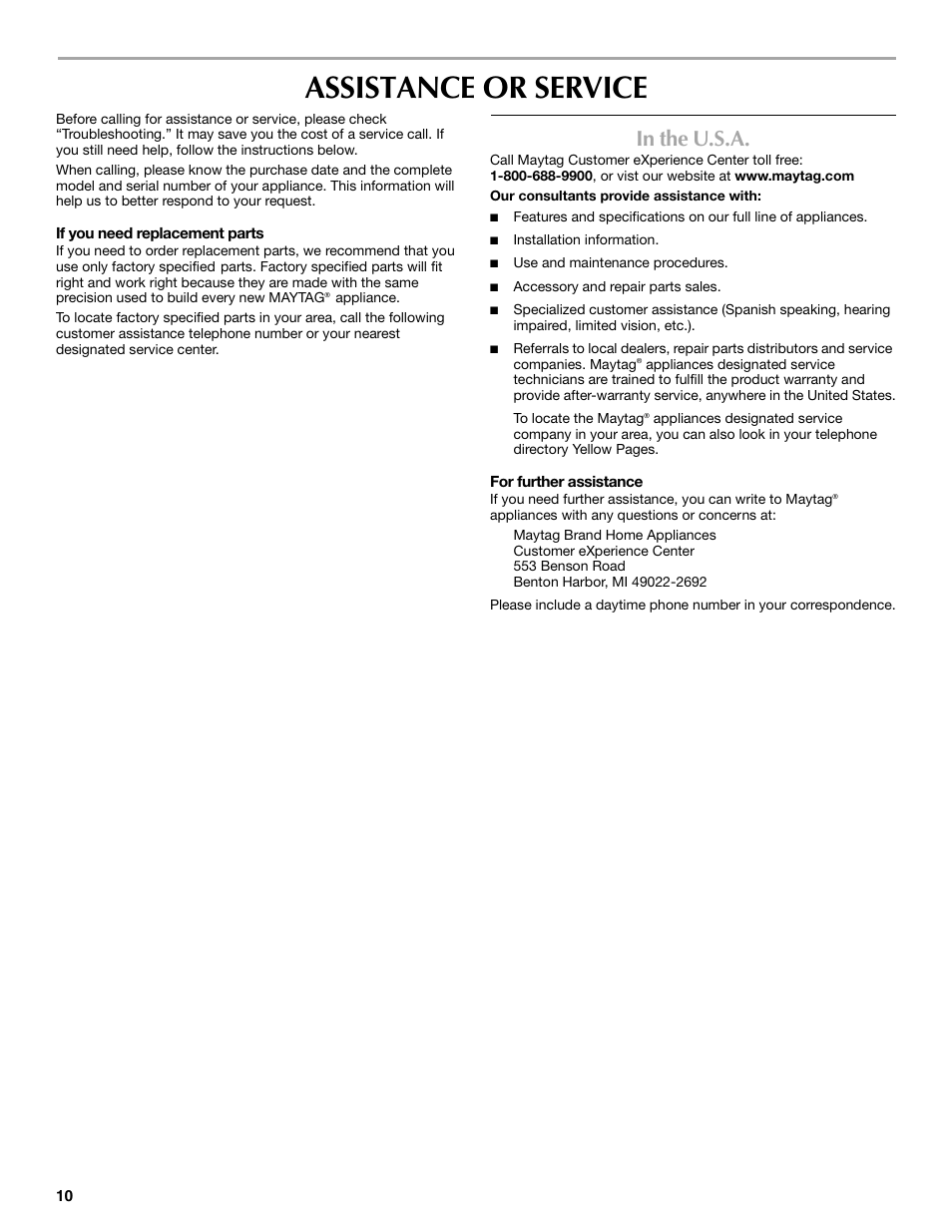 Assistance or service | Maytag W10224167A User Manual | Page 10 / 12