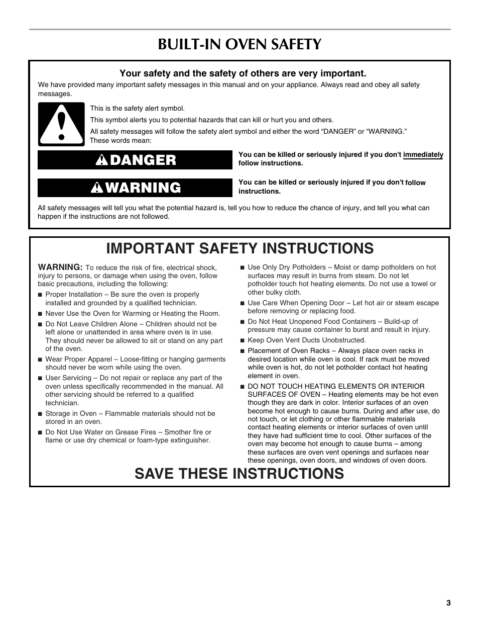 Built-in oven safety, Danger warning | Maytag W10224167A User Manual | Page 3 / 12