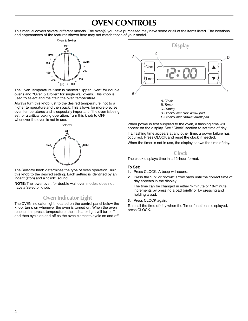 Oven controls, Oven indicator light, Display | Clock | Maytag W10224167A User Manual | Page 4 / 12