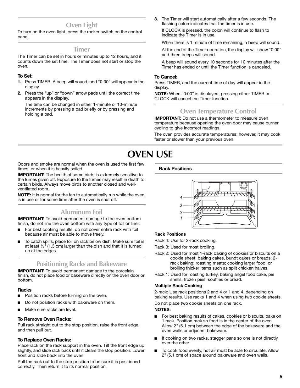 Oven use, Oven light, Timer | Oven temperature control, Aluminum foil, Positioning racks and bakeware | Maytag W10224167A User Manual | Page 5 / 12