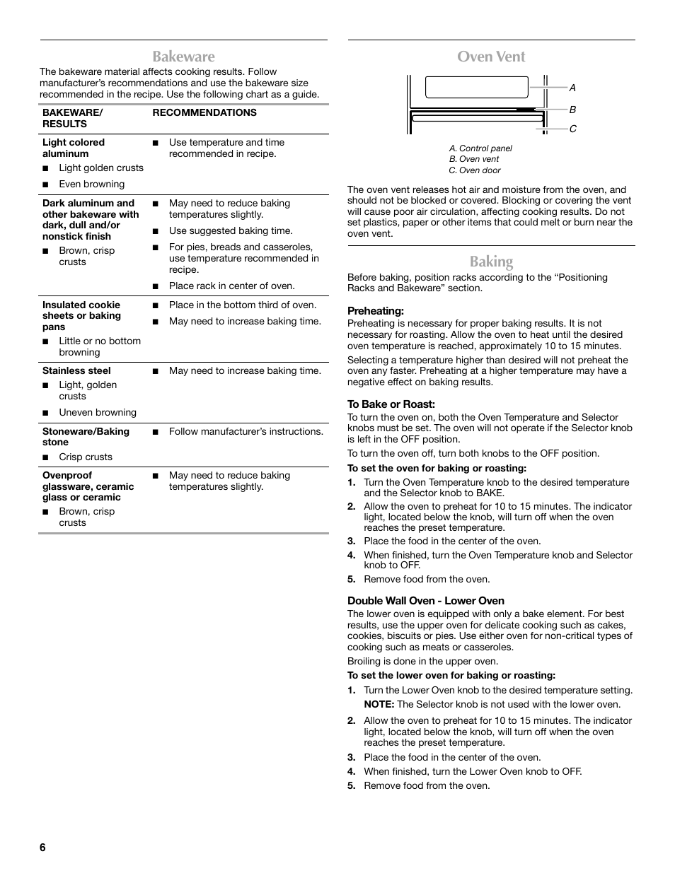 Bakeware, Oven vent, Baking | Maytag W10224167A User Manual | Page 6 / 12