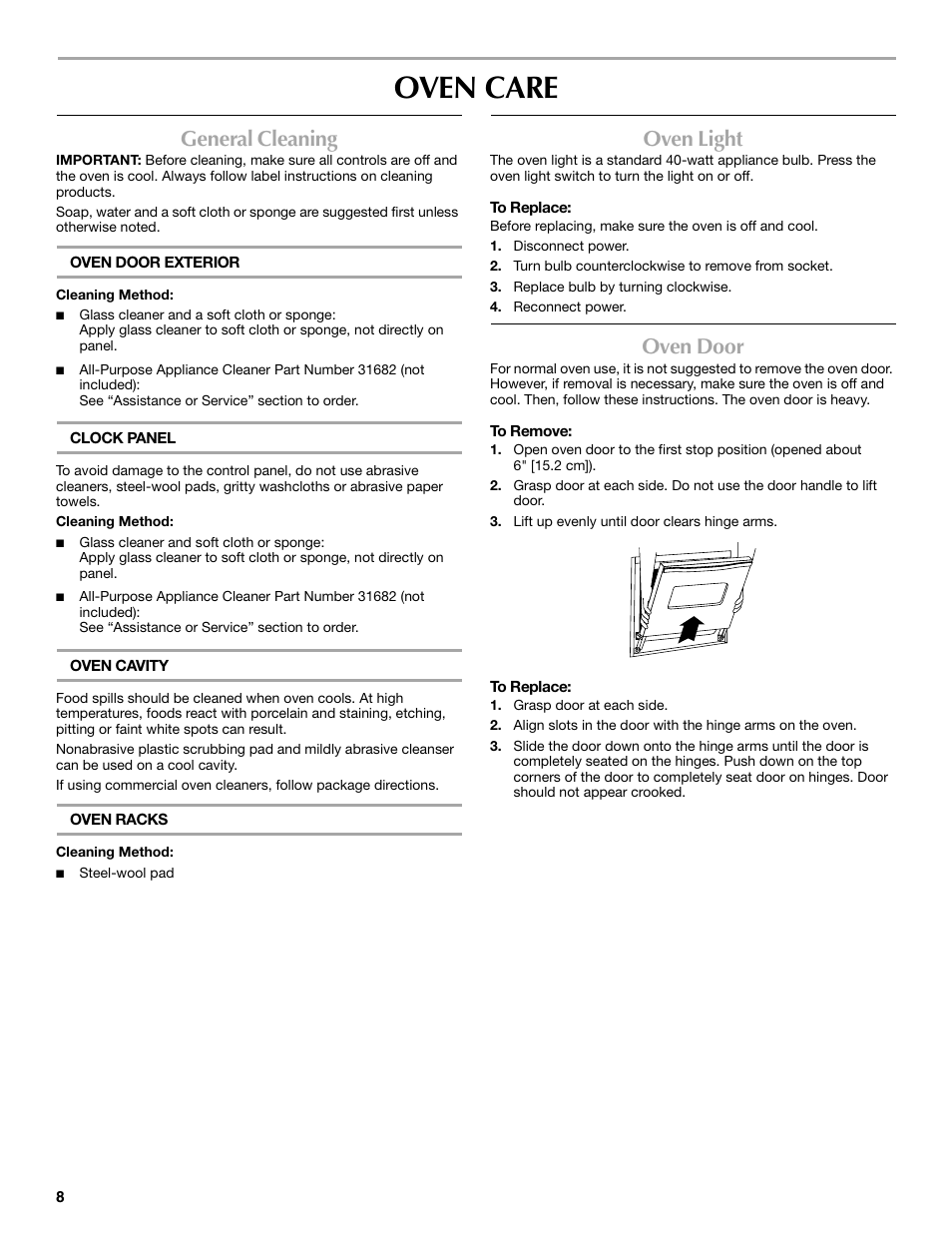 Oven care, General cleaning, Oven light | Oven door | Maytag W10224167A User Manual | Page 8 / 12