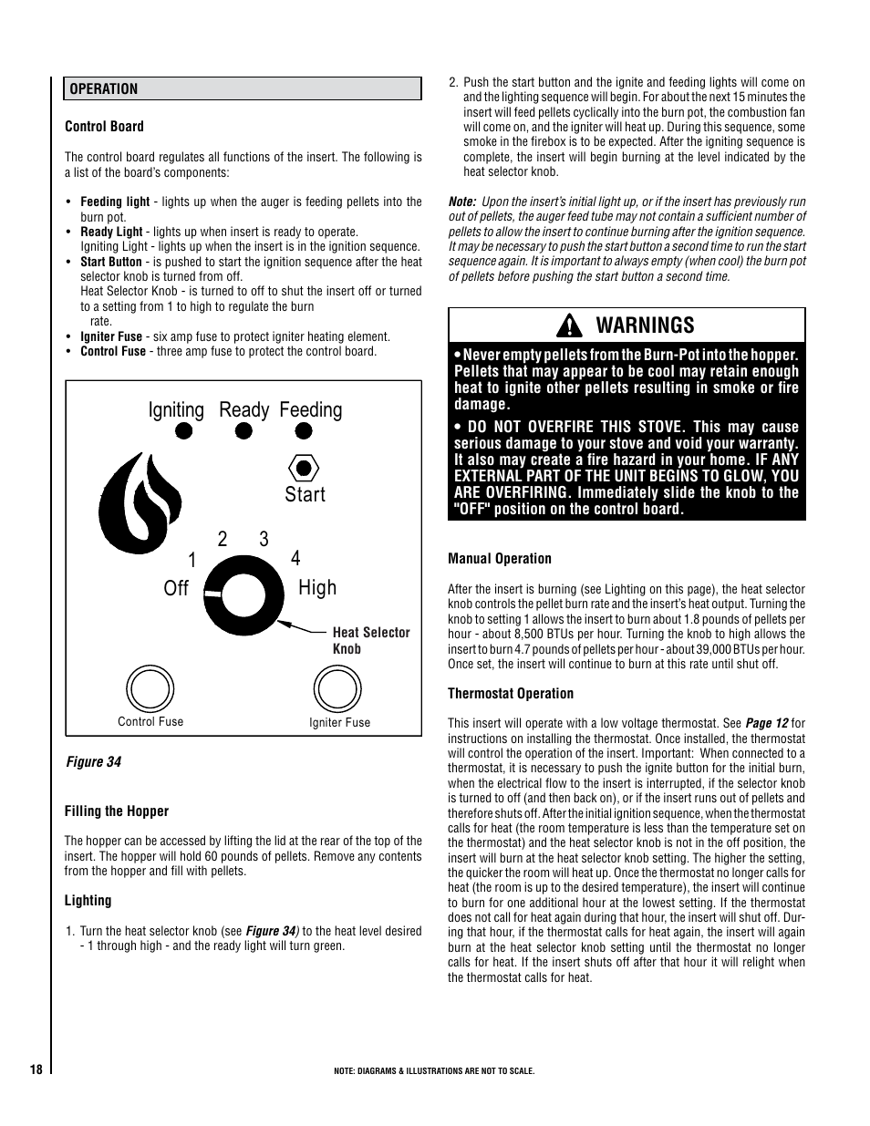 Warnings, Igniting ready feeding start, Off high 1 2 3 4 | Maytag WINSLOW PI40 User Manual | Page 18 / 36