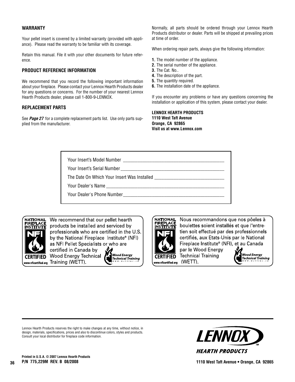 Maytag WINSLOW PI40 User Manual | Page 36 / 36